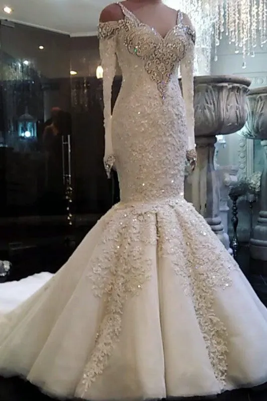 Classic Mermaid Long Sleeves Bridal Gowns Lace Wedding Dresses with Sleeves