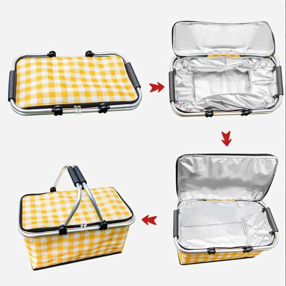 Collapsible Insulated Picnic Basket with Portable Aluminum Film and Oxford Cloth - Red Grid