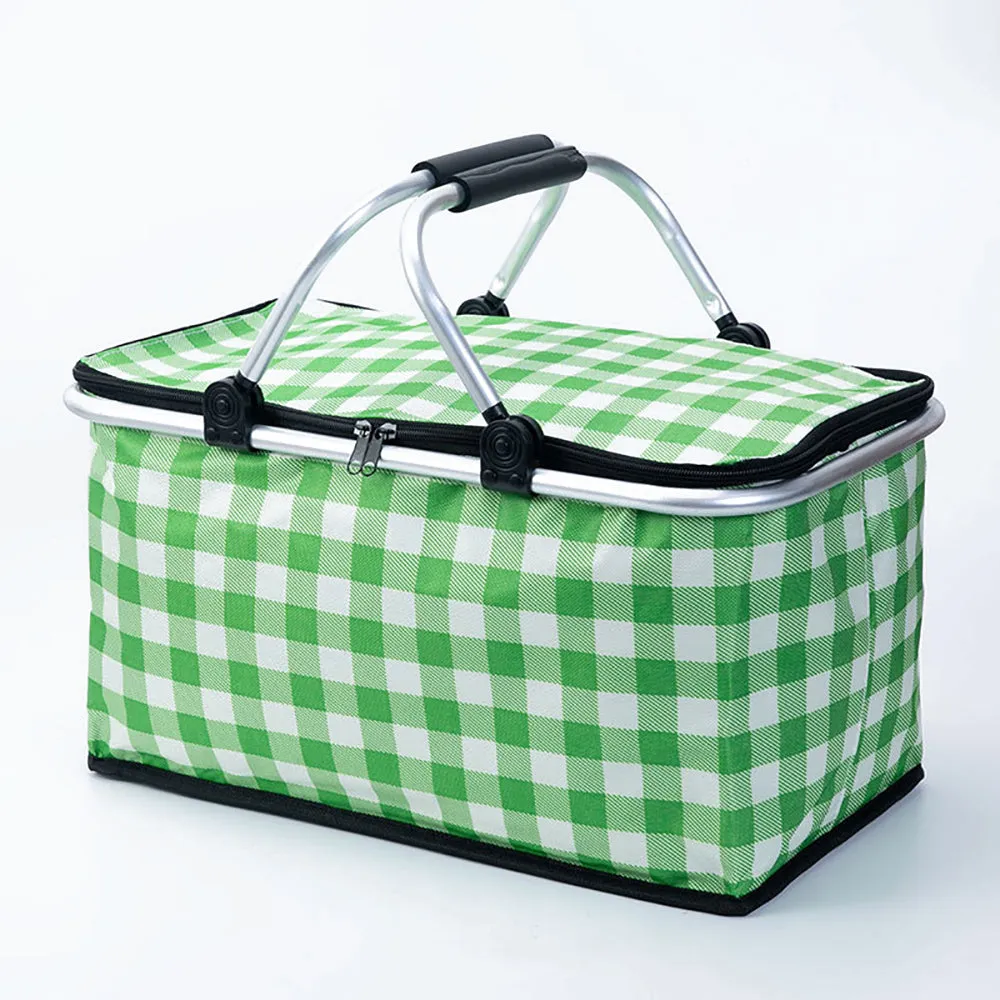 Collapsible Outdoor Camping Portable Insulated Picnic Basket Camping Picnic Ice Pack(Green Grid)-NSW_Rural