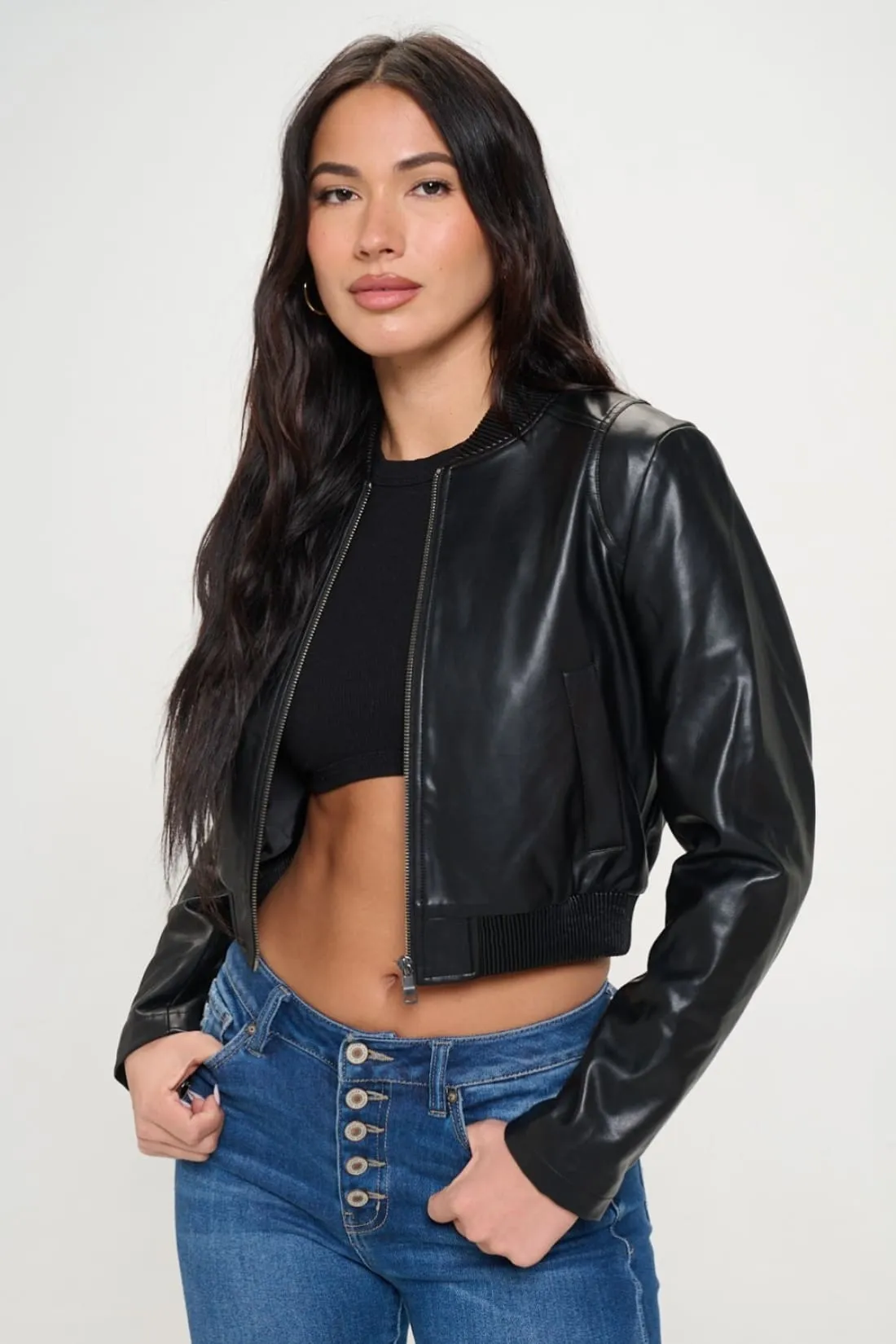 Cropped Bomber Jacket in Vegan Leather