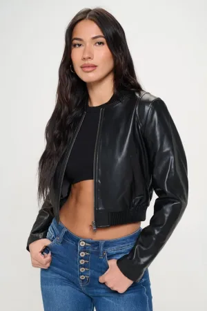 Cropped Bomber Jacket in Vegan Leather