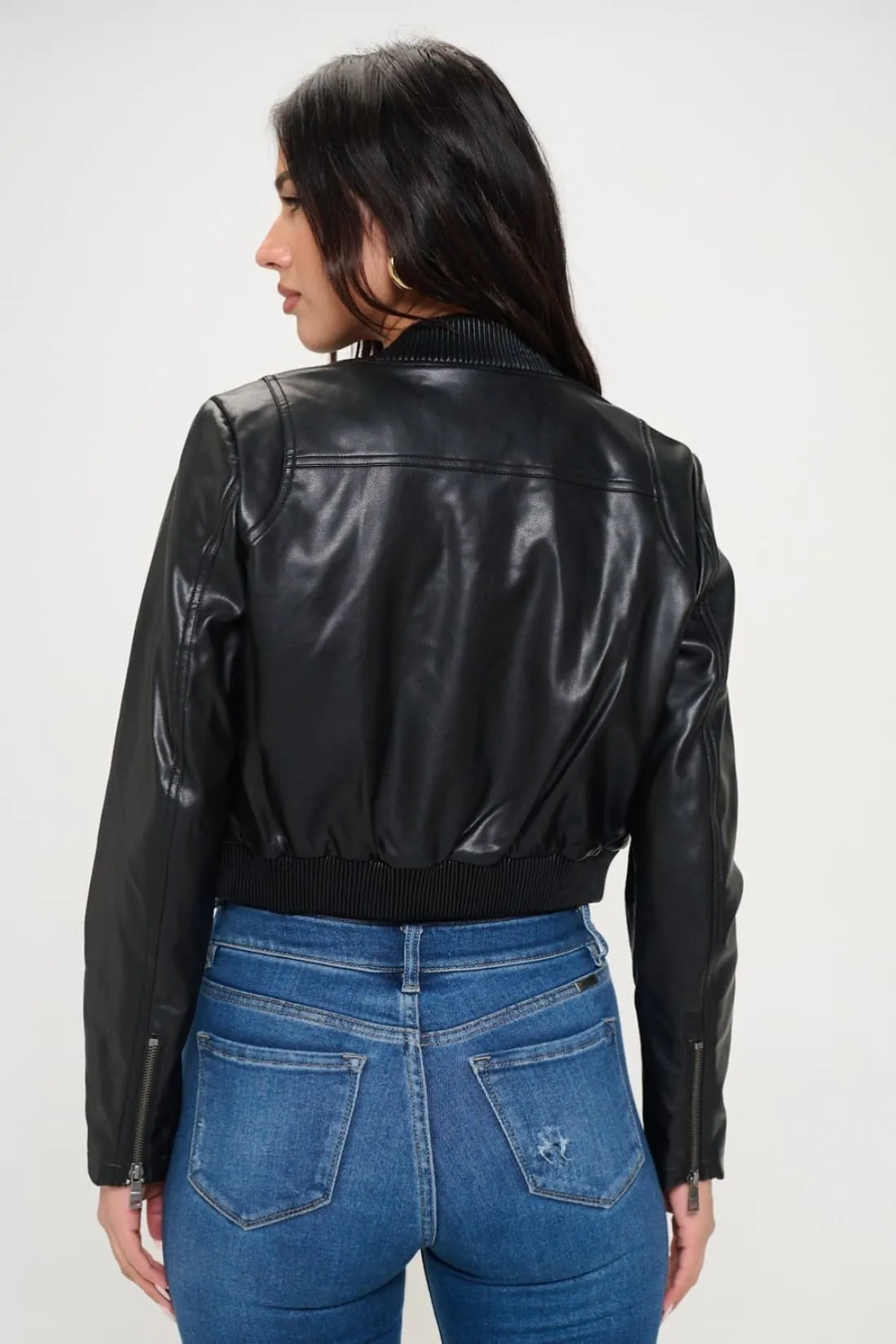 Cropped Bomber Jacket in Vegan Leather