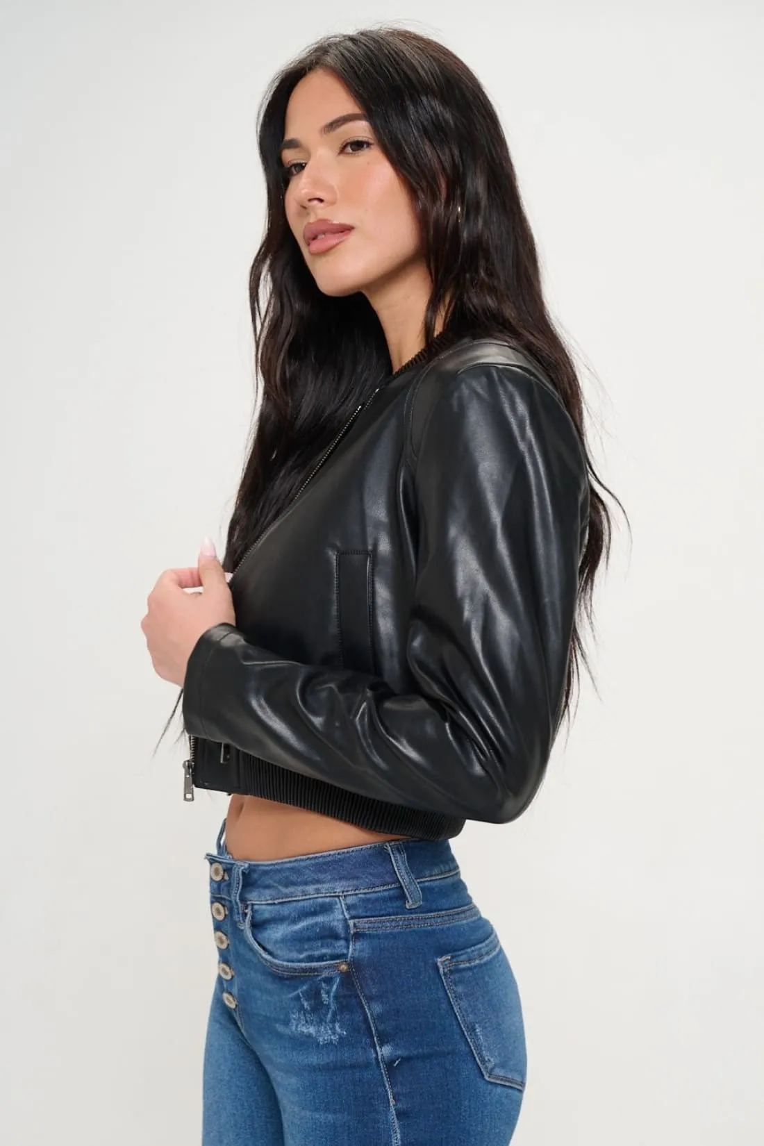 Cropped Bomber Jacket in Vegan Leather
