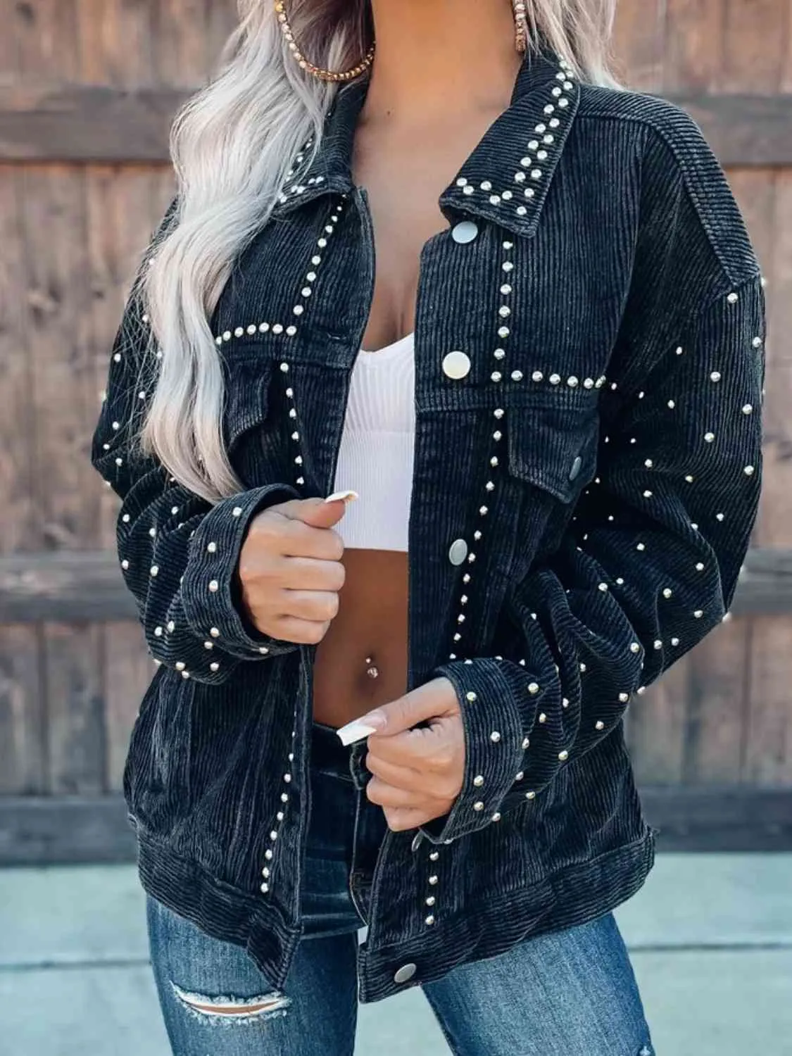 Daphne Studded Collared Neck Button Down Jacket