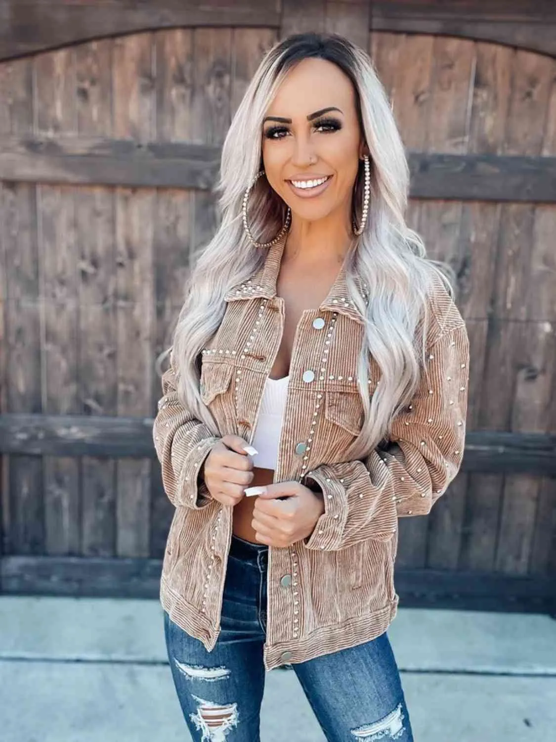 Daphne Studded Collared Neck Button Down Jacket