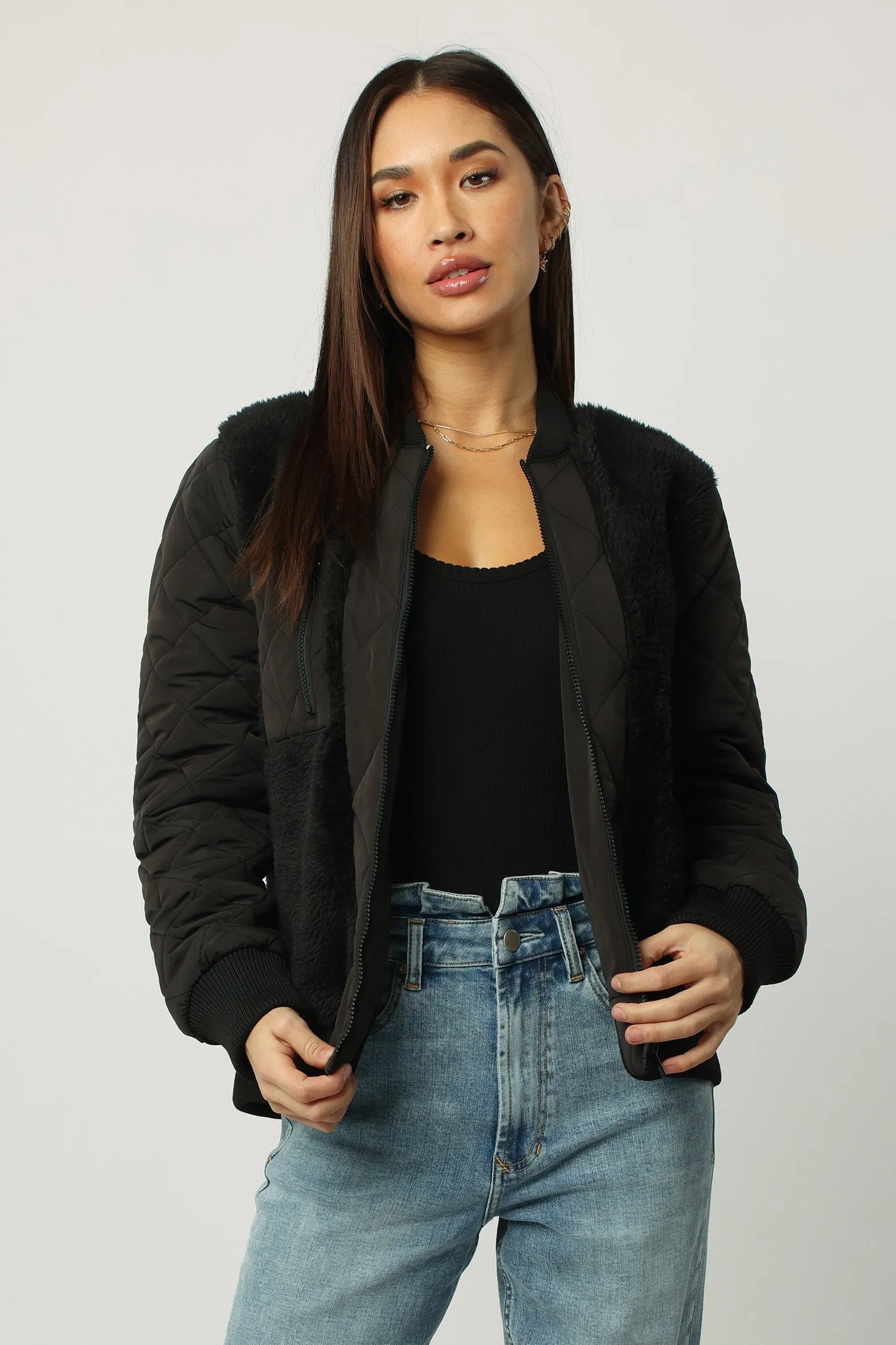 Dear John Vanessa Quilted Faux Fur Bomber Jacket