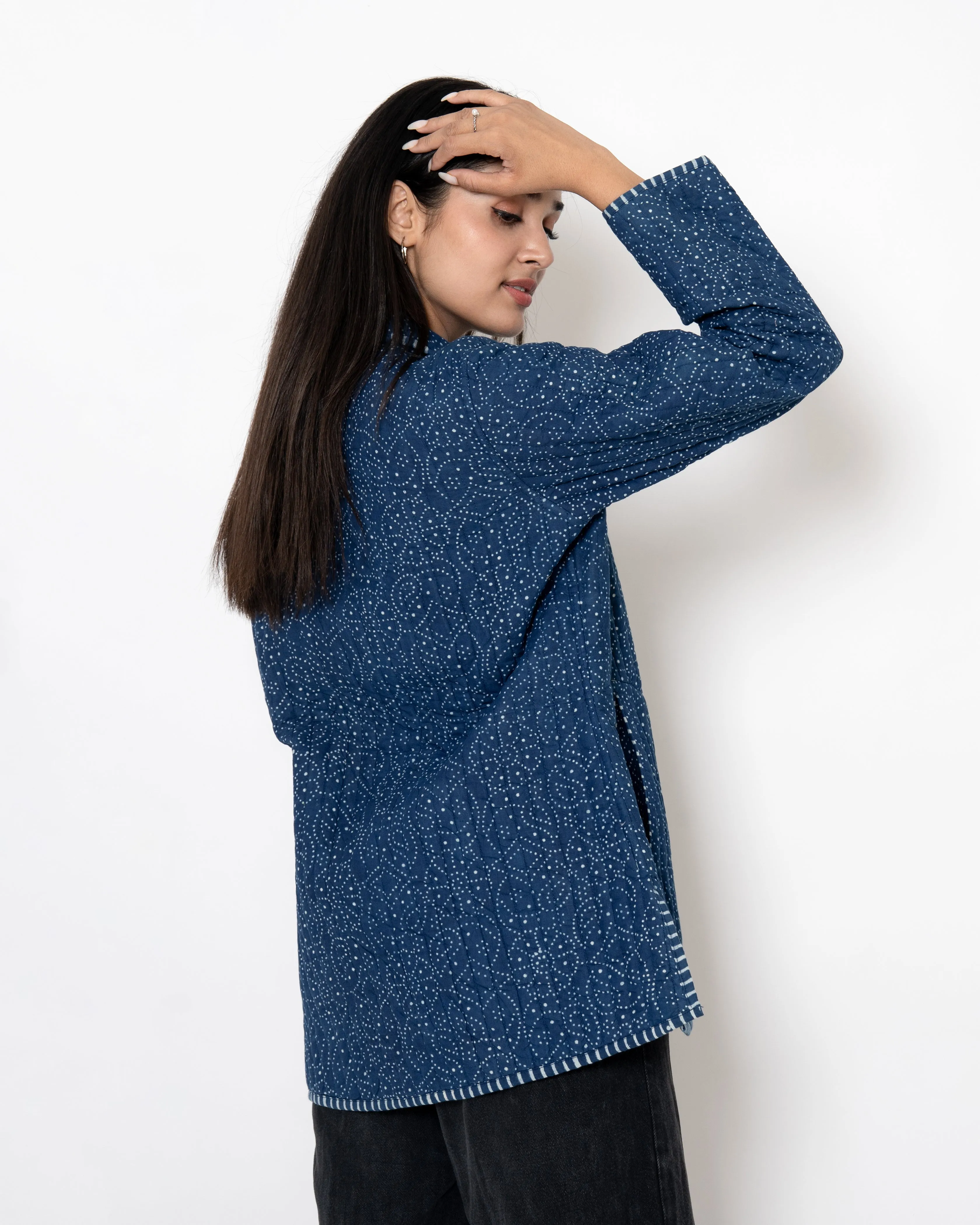 Dotted Navy Hand Print Cotton Jacket