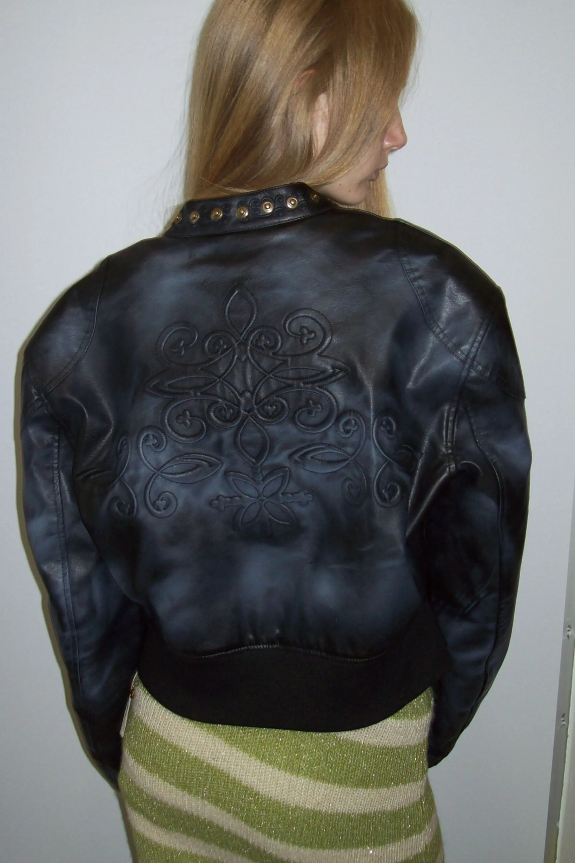 Emboss Faux Leather Bomber Black
