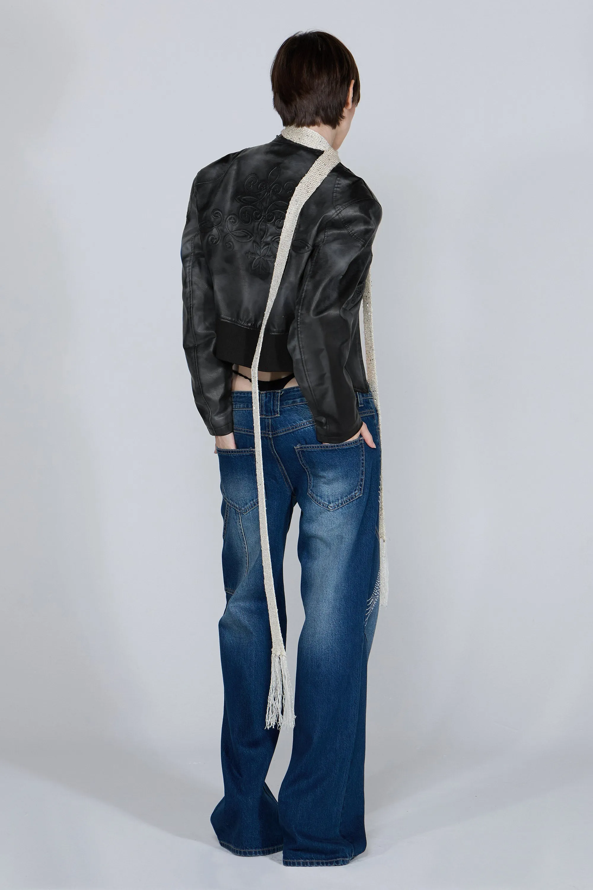 Emboss Faux Leather Bomber Black