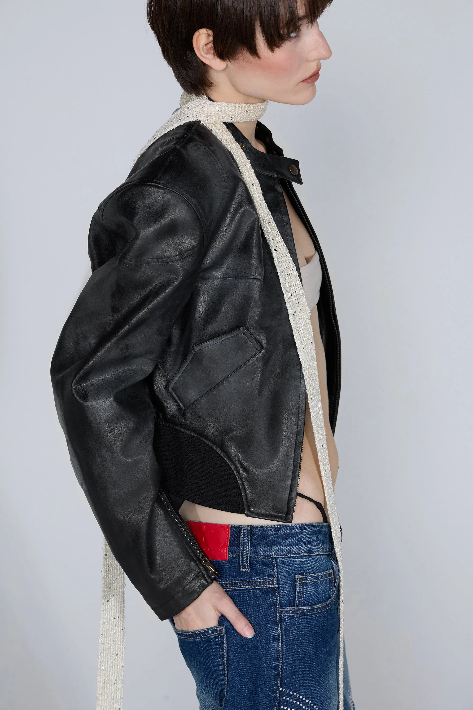 Emboss Faux Leather Bomber Black