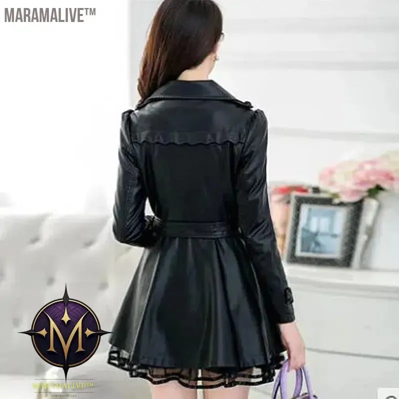 Fashion Plus Size 5XL Long Leather Jacket Women Leather Coat Female 2017 autumn Ladies lace Leather Jackets Coats black