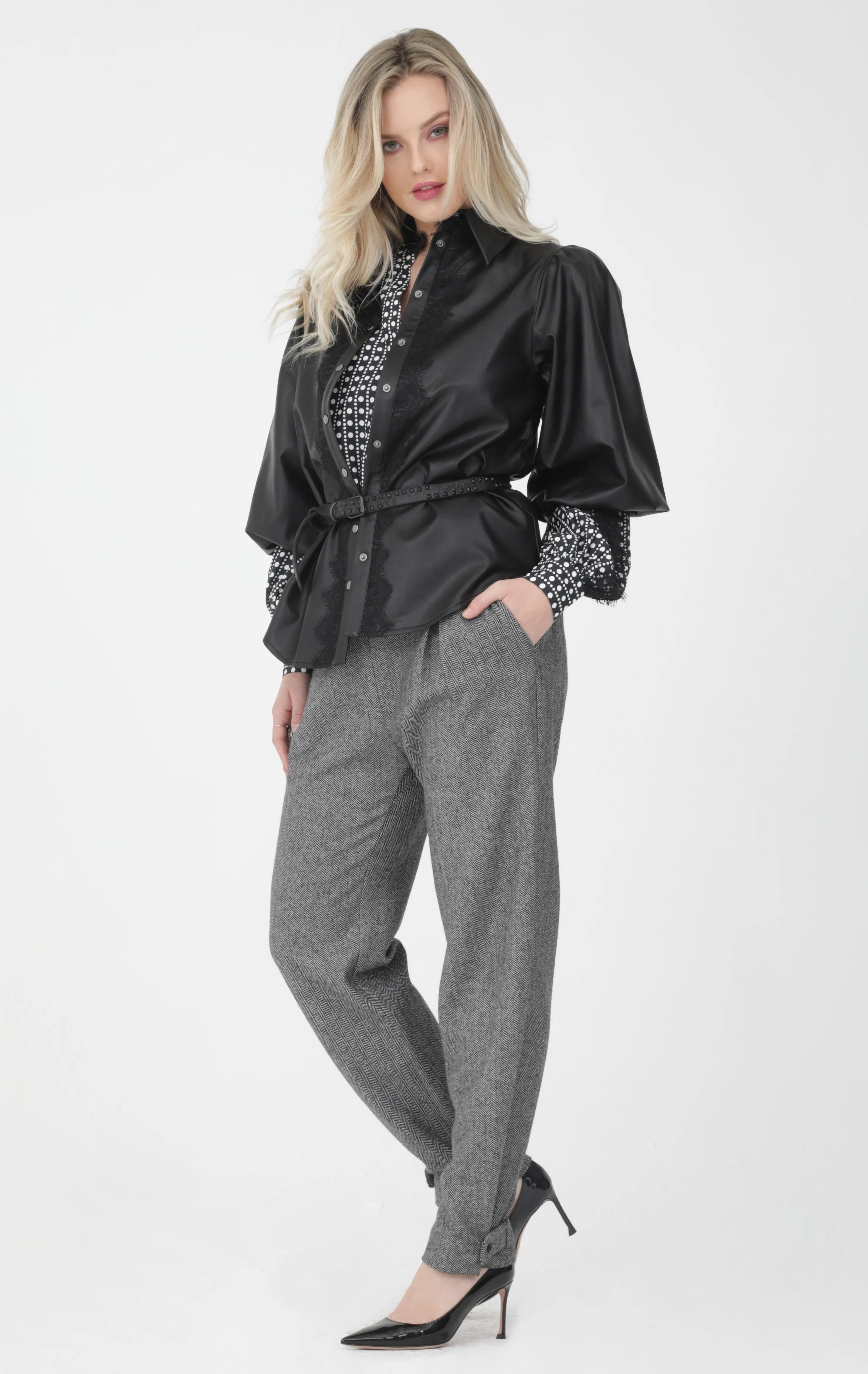 Faux Leather Balloon Sleeve Shirt