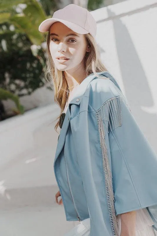 Faux-Leather Moto Jacket with Rhinestone Fringe Back Detail