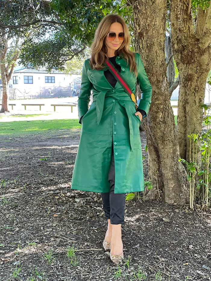 Faux Leather Trench - Green