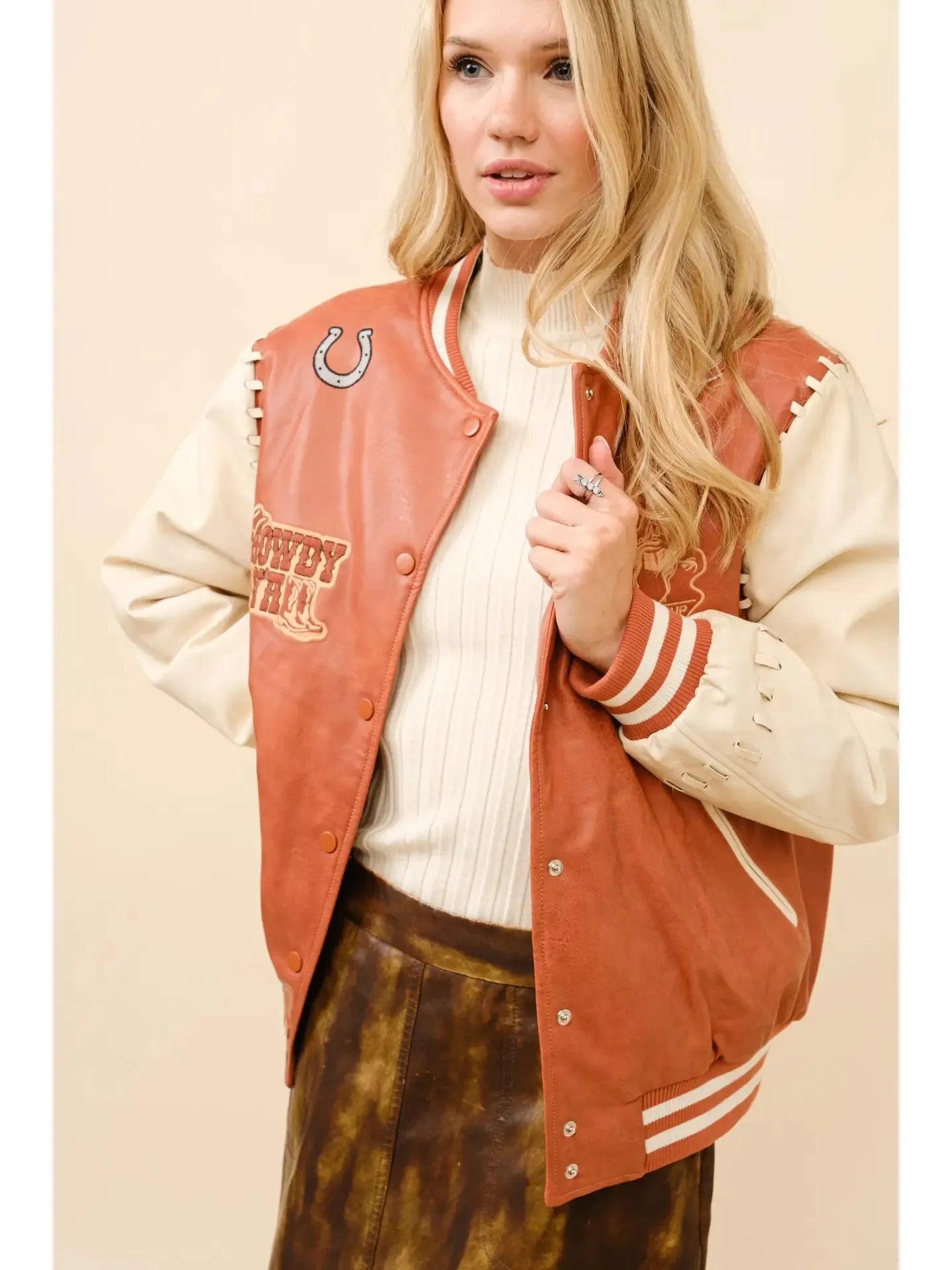 Faux Leather Western Embroidered Bomber Jacket