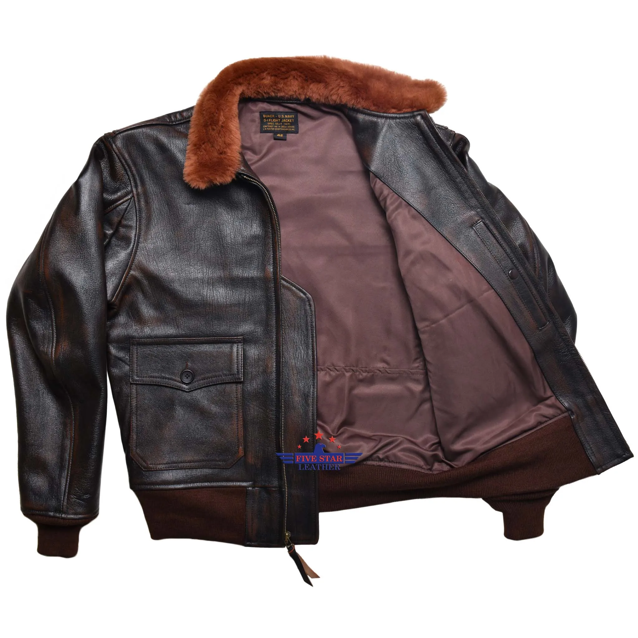 Fivestar Leather Flight G1 Bomber Naval Flying Men Jacket USN Goatskin Leather Distressed