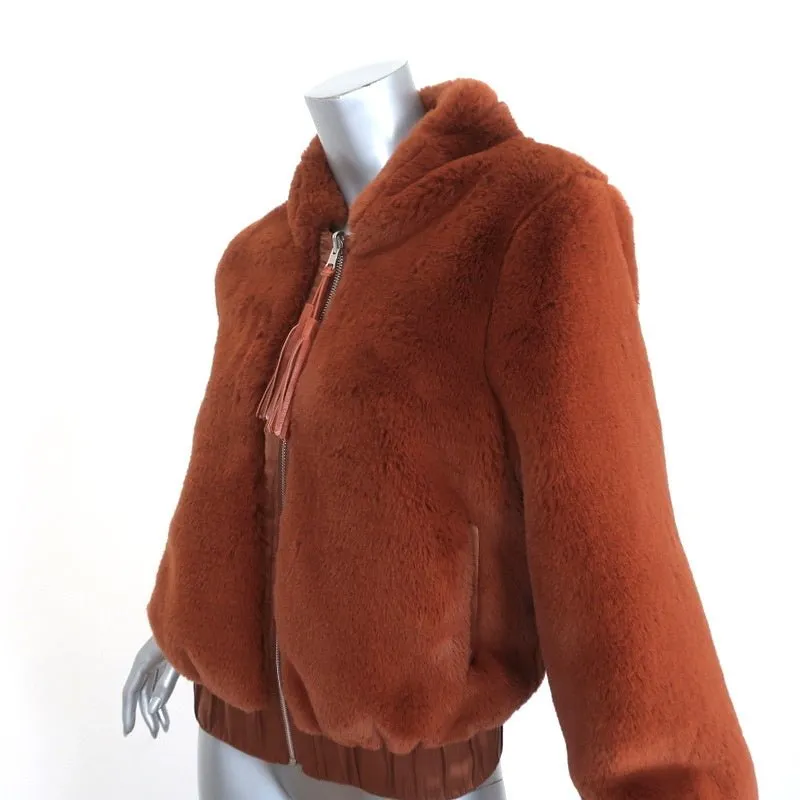 Flannel Faux Fur Bomber Jacket Brown Size 2