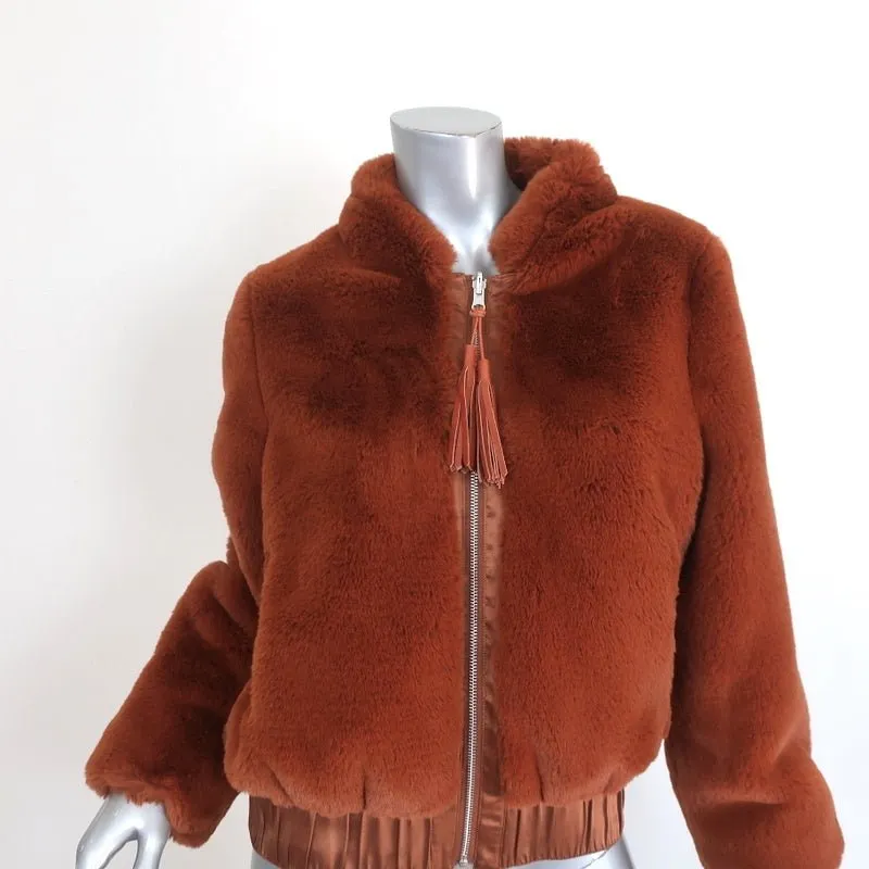 Flannel Faux Fur Bomber Jacket Brown Size 2