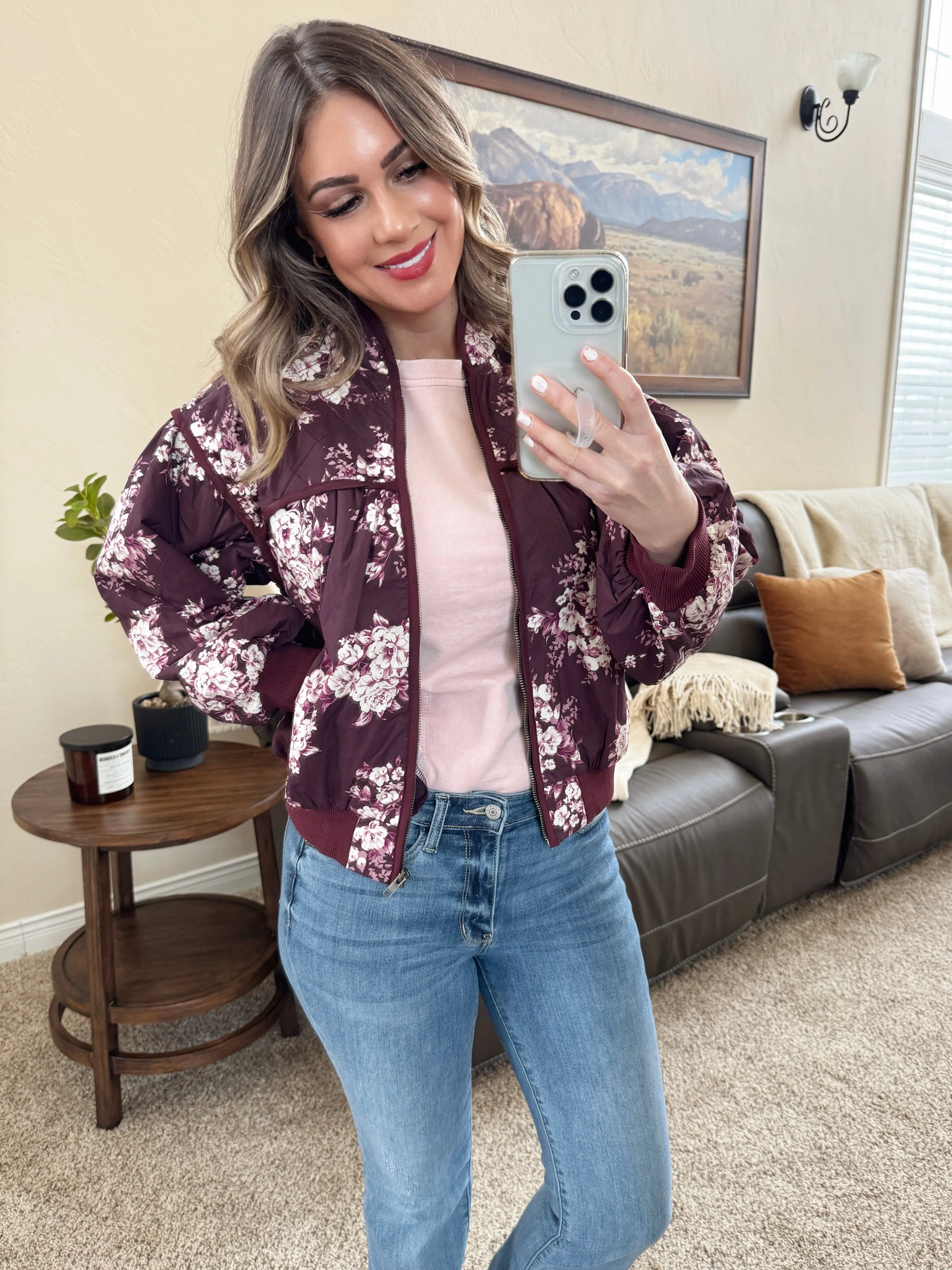 Floral Print Pleated Bomber Jacket in Purple