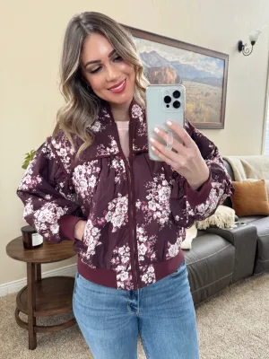 Floral Print Pleated Bomber Jacket in Purple