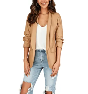 Frankie Ruched Sleeve Faux Leather Blazer