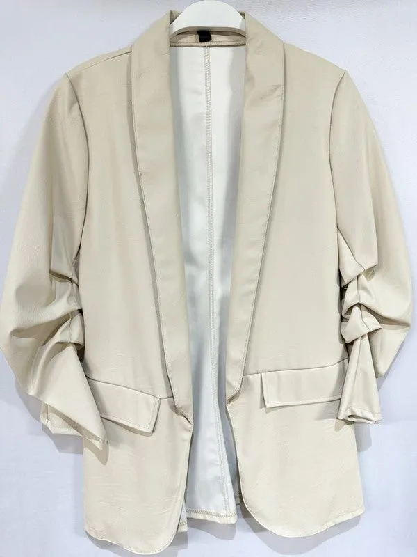 Frankie Ruched Sleeve Faux Leather Blazer
