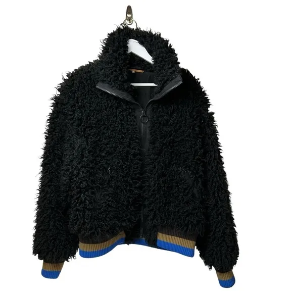 FREE PEOPLE Black HIGH IN THE SKY Bomber Jacket Top US SZ Medium Faux Furry Coat