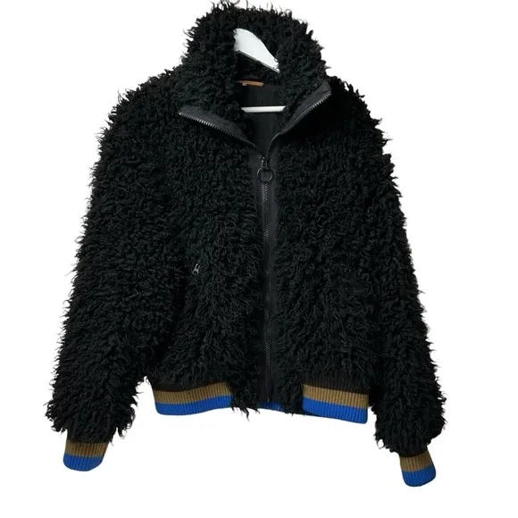 FREE PEOPLE Black HIGH IN THE SKY Bomber Jacket Top US SZ Medium Faux Furry Coat