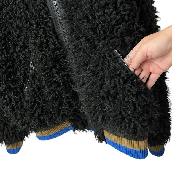FREE PEOPLE Black HIGH IN THE SKY Bomber Jacket Top US SZ Medium Faux Furry Coat