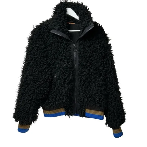 FREE PEOPLE Black HIGH IN THE SKY Bomber Jacket Top US SZ Medium Faux Furry Coat