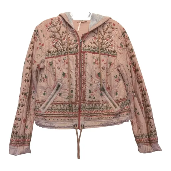 Free People Play My Song Quilted Studded Bomber Unique Jacket Cotton Candy XS