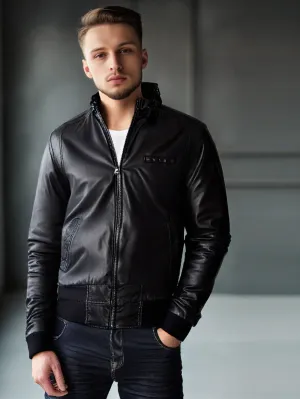 Funnel Neck Style Leather Bomber Jacket for Men