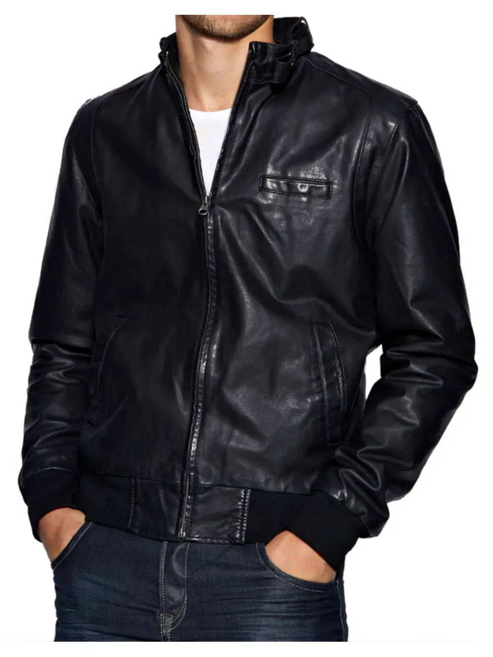 Funnel Neck Style Leather Bomber Jacket for Men