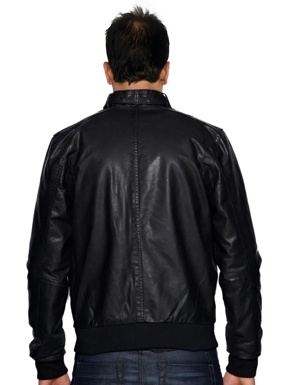 Funnel Neck Style Leather Bomber Jacket for Men