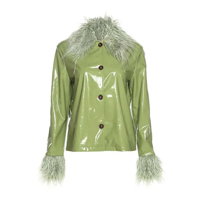Fur Collar Button Up PU Jacket