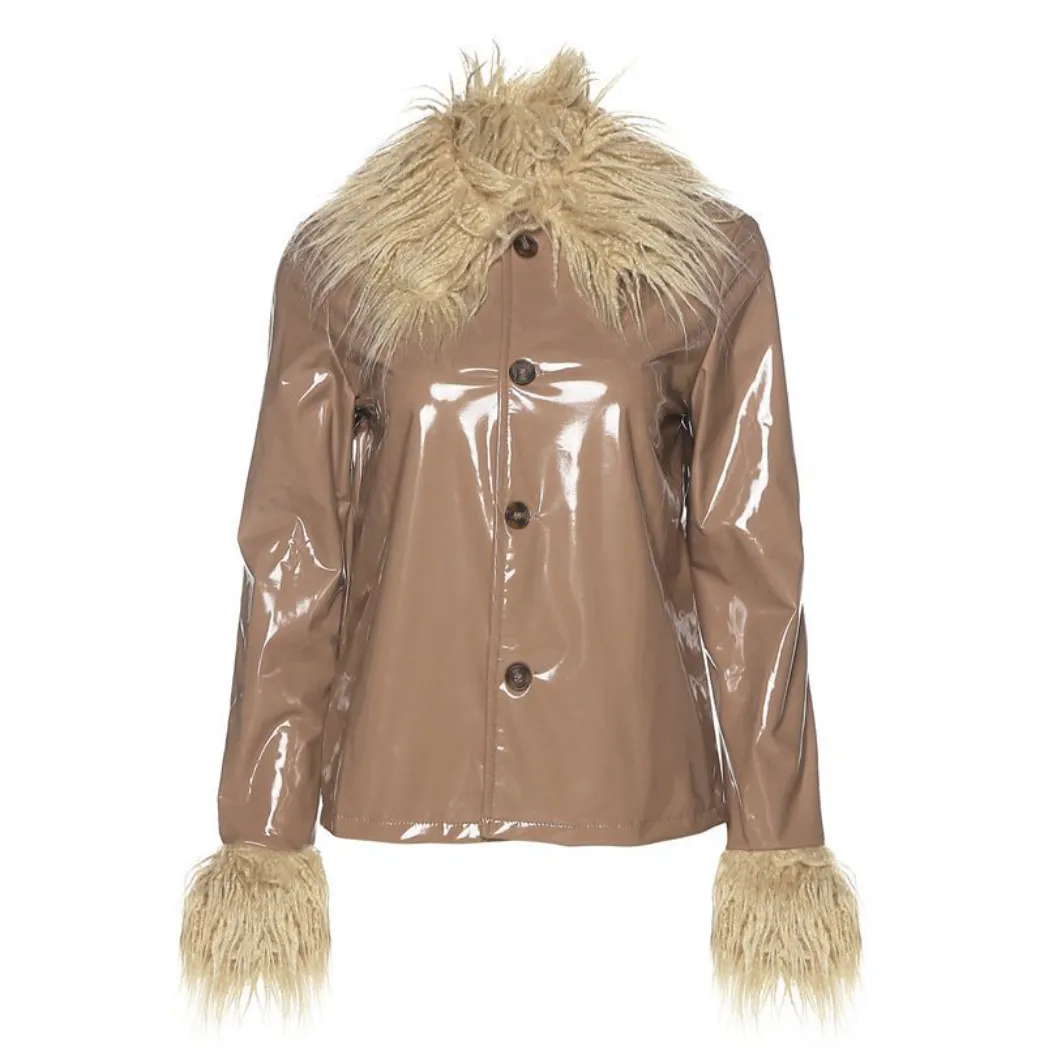 Fur Collar Button Up PU Jacket
