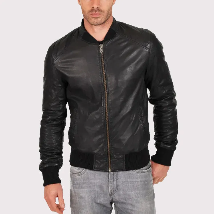 Genuine Sheepskin Quilted Bomber Jacket for Men