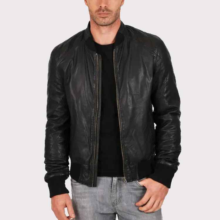 Genuine Sheepskin Quilted Bomber Jacket for Men