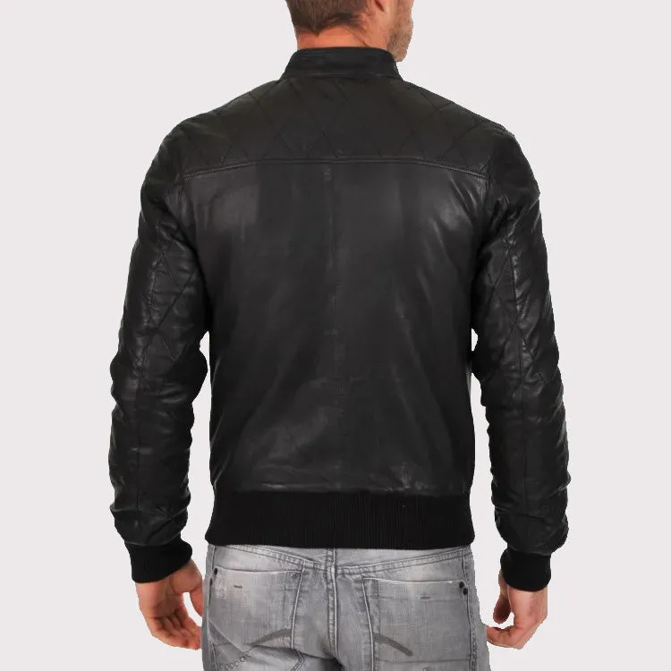 Genuine Sheepskin Quilted Bomber Jacket for Men