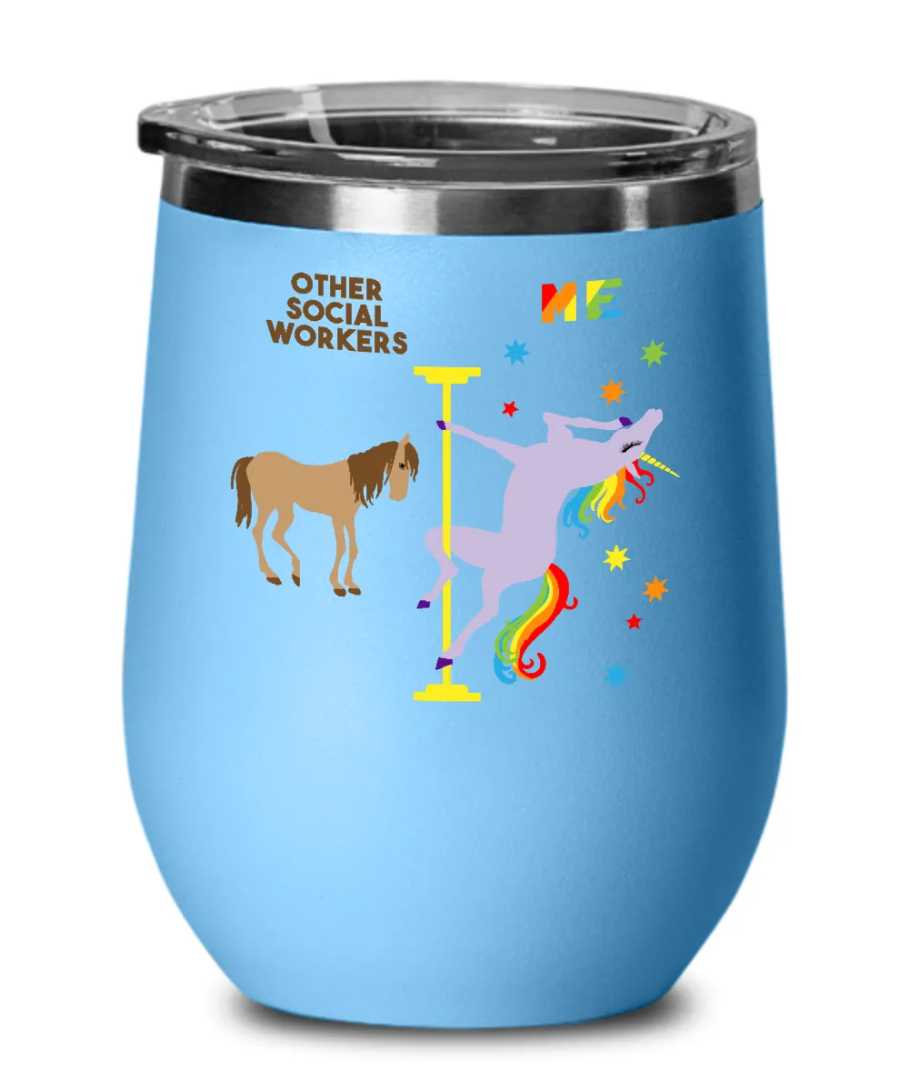 Gift For Social Worker Rainbow Unicorn Insulated Wine Tumbler 12oz Travel Cup