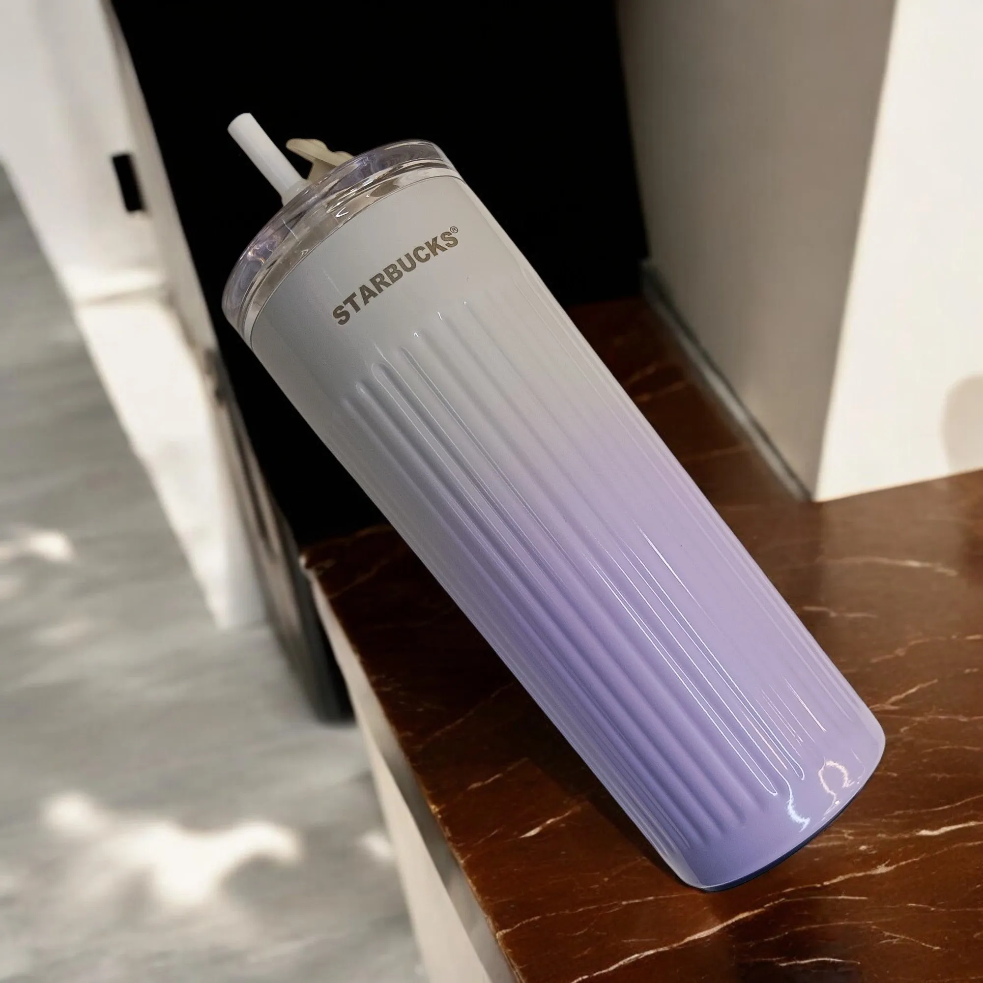 Gradient Ribbed Stainless Steel Tumbler with Lid and Straw