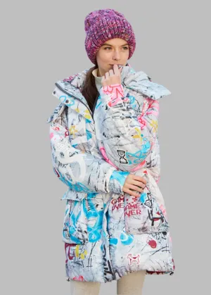 Graffity Printed Puffer Jacket for Women – Artistic & Cozy Design