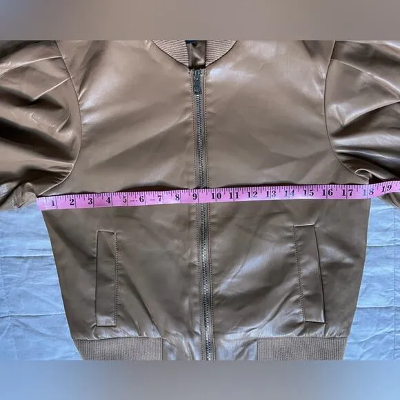 House of Harlow 1960 Tan Faux Leather Puff Sleeve Bomber Jacket - Small