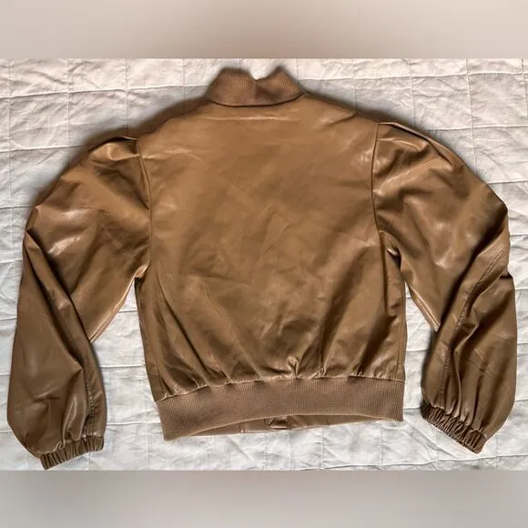 House of Harlow 1960 Tan Faux Leather Puff Sleeve Bomber Jacket - Small