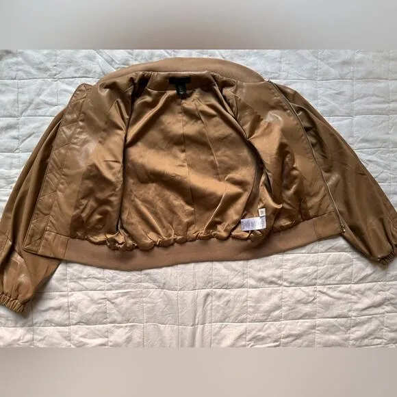 House of Harlow 1960 Tan Faux Leather Puff Sleeve Bomber Jacket - Small