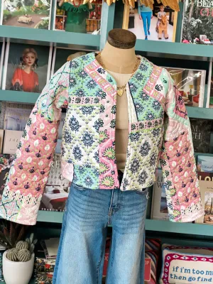 Ida Mae Laramie Patchwork Green Quilted Cropped Jacket