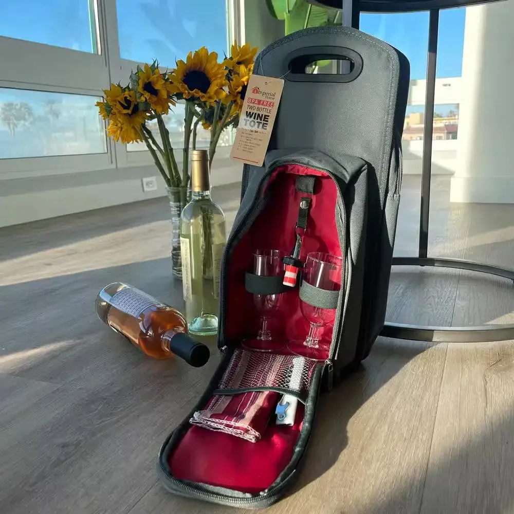 Insulated Grey Red Wine Carrier Tote Bag with Picnic Accessories