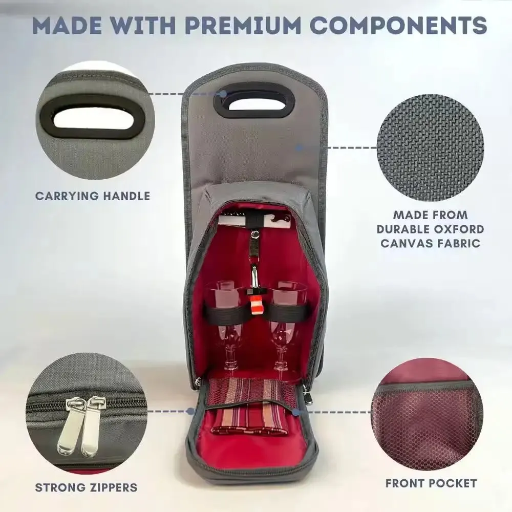 Insulated Grey Red Wine Carrier Tote Bag with Picnic Accessories