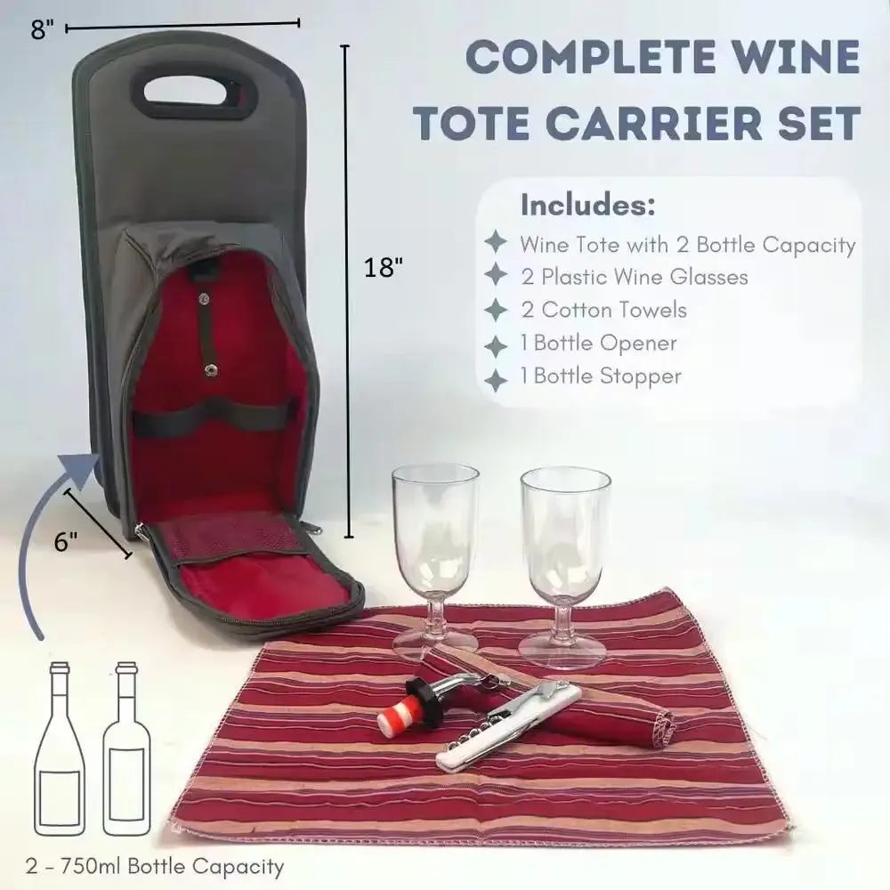 Insulated Grey Red Wine Carrier Tote Bag with Picnic Accessories
