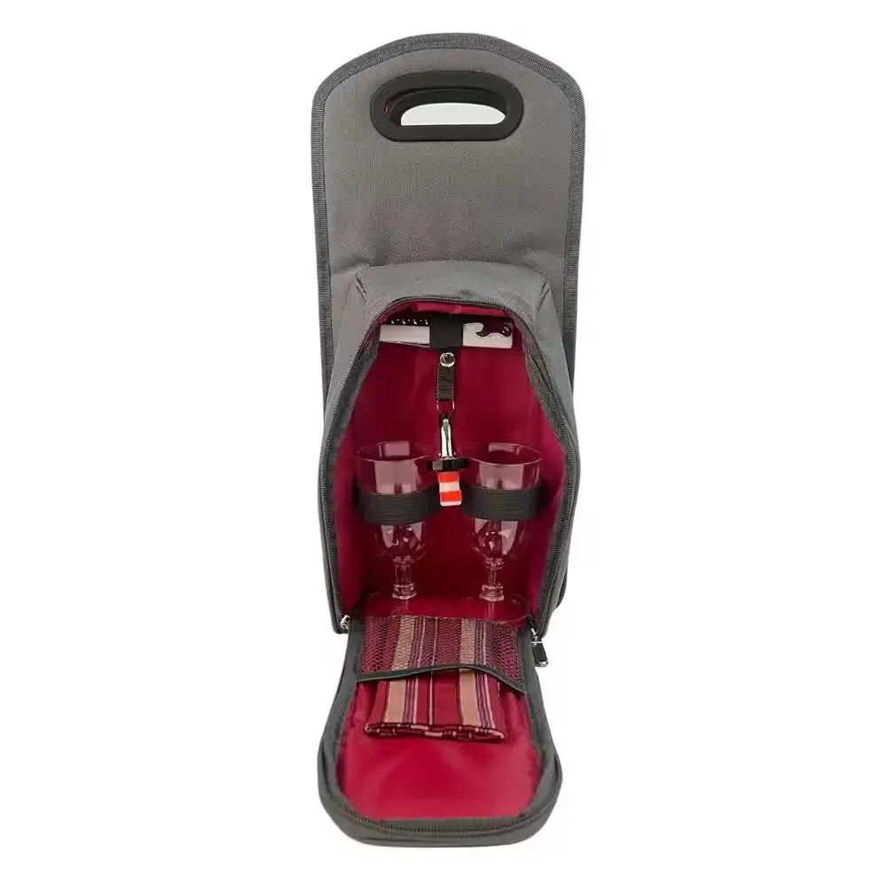 Insulated Grey Red Wine Carrier Tote Bag with Picnic Accessories